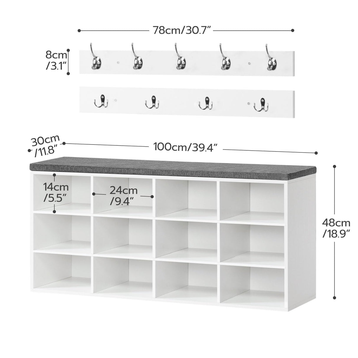 HOOBRO Shoe Storage Bench with Cushion, 39.4" L Entryway Bench with 12 Cubbies, Entryway Hall Tree with Storage, Shoe Cabinet with Coat Rack for Bedroom, Hallway, Holds up to 330 lb, White WT112HX01 HOOBRO