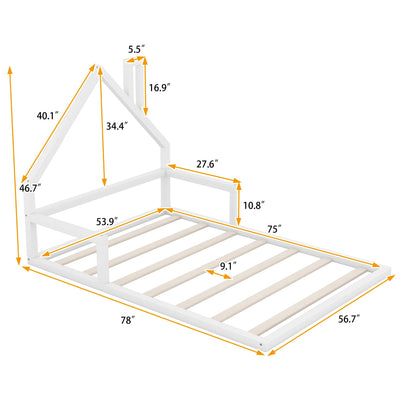 LostCat White Full Size Montessori Floor Bed Frame with House-Shaped Headboard for Kids - WoodArtSupply