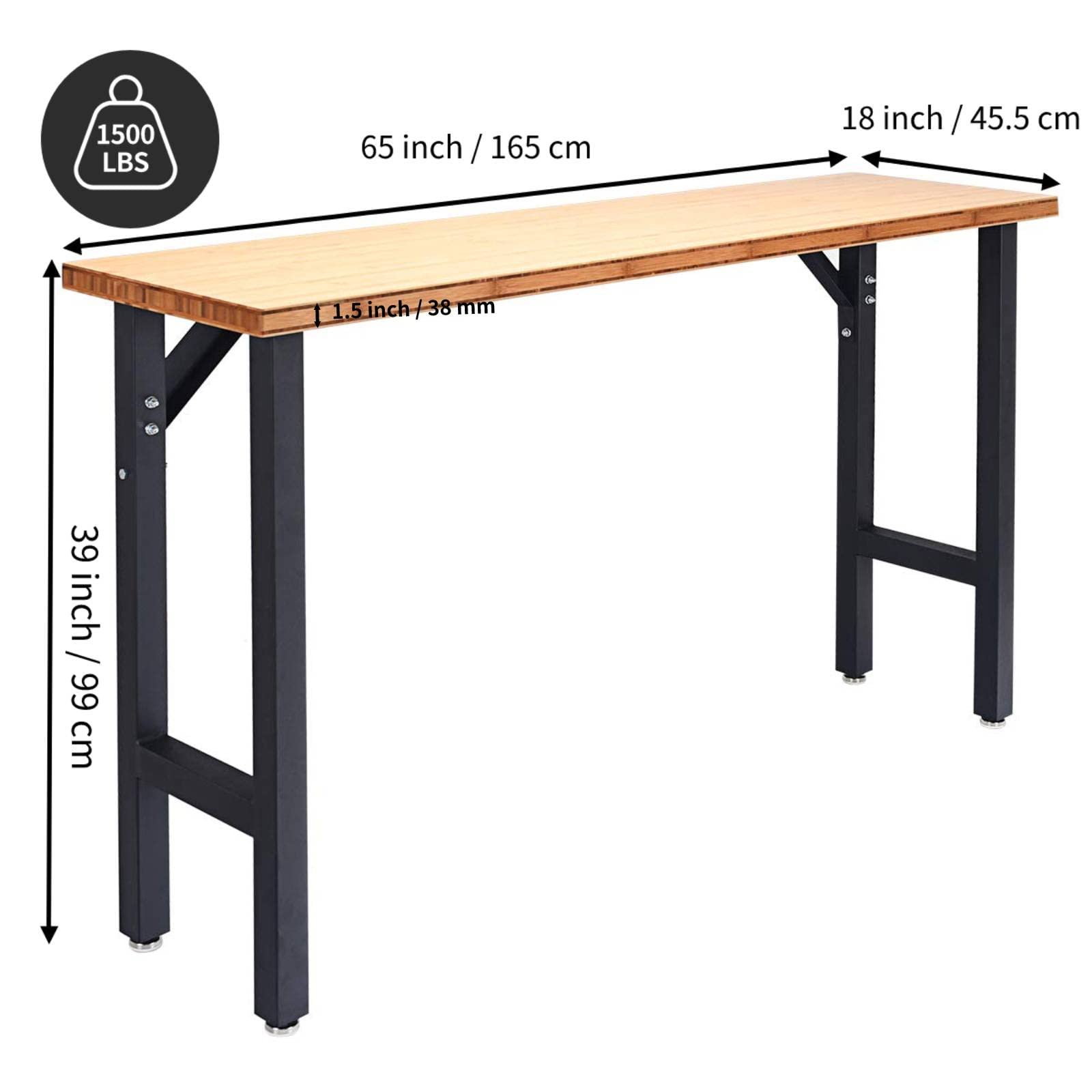 IRONMAX 65’’ Workbench with Bamboo Top, Heavy Duty Workstation w/Steel Frame & Adjustable Non-Slip Feet, 1500 LBS Load Capacity Work Bench Table for Home, Garage, Office - WoodArtSupply