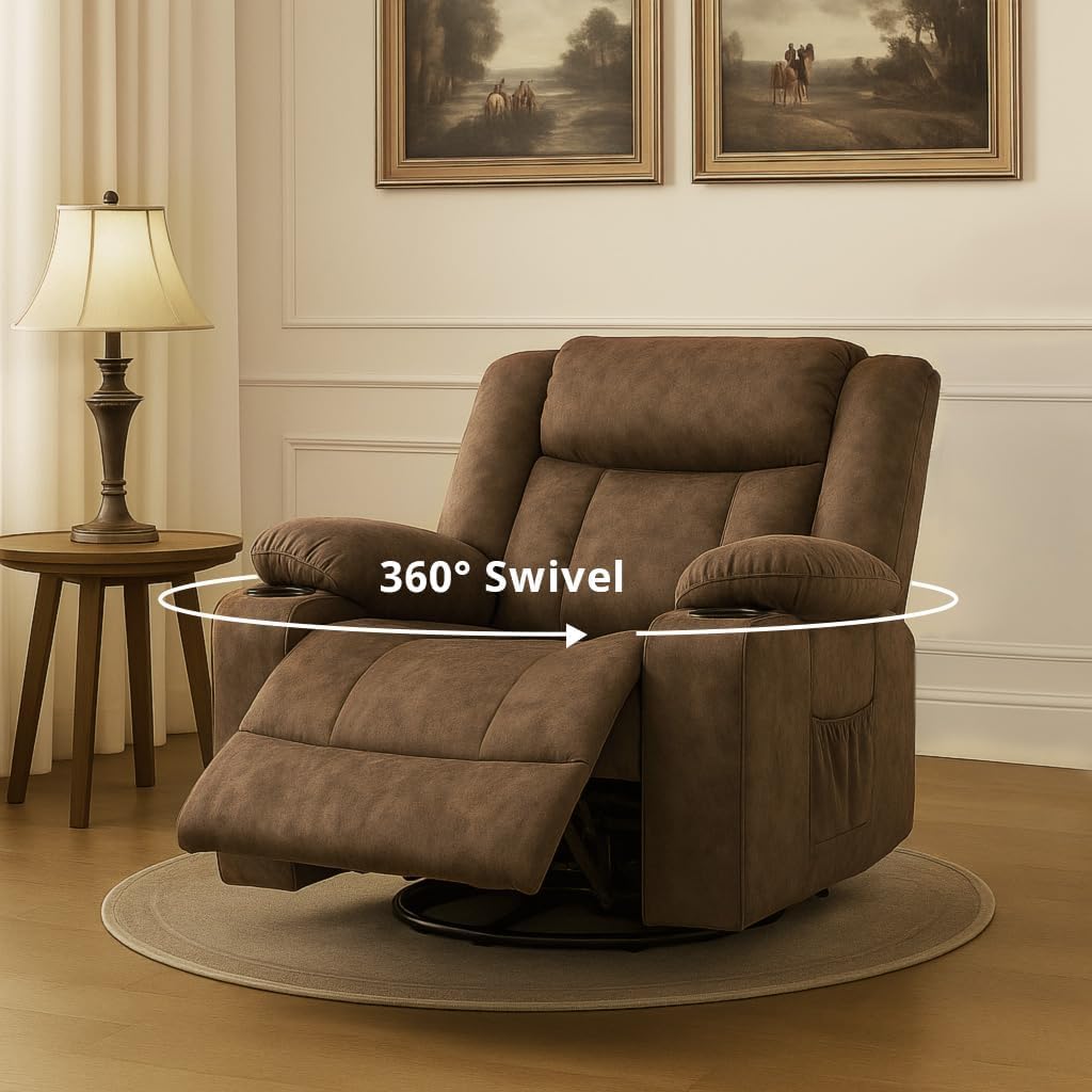 COMHOMA Recliner Chair,360°Swivel Rocker Recliners with Cup Holders&Side Pockets,Manual Reclining Single Sofa,Fabric Upholstered Lounge Chairs for Living Room,Brown COMHOMA