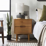 Walker Edison Mid Century Modern Grooved Handle Wood Nightstand Side Table Bedroom Storage Drawer and Shelf Bedside End Table, 2 Drawer, Caramel Walker Edison