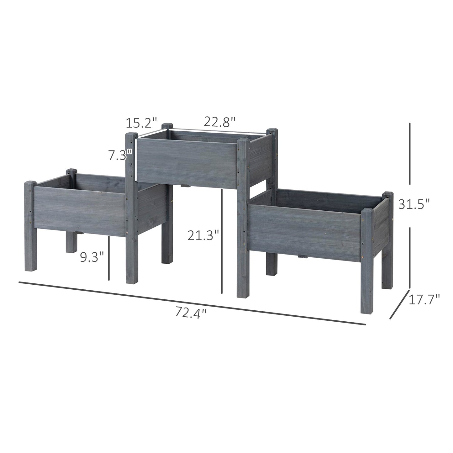 Outsunny Raised Garden Bed with 3 Planter Box, Elevated Wooden Plant Stand with Drainage Holes, for Vegetables, Herb and Flowers, Gray