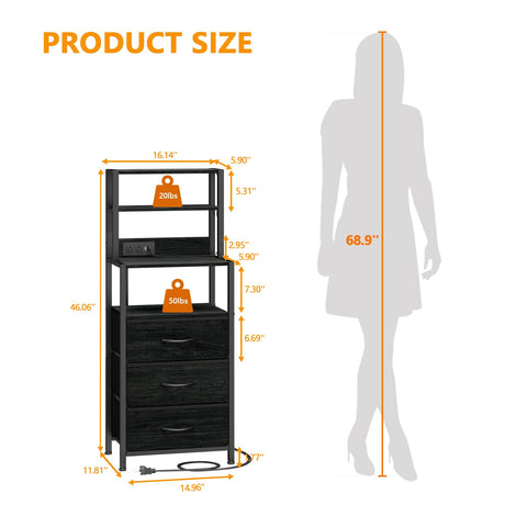 Furnulem Night Stand, Tall Nightstand with 4-Tier Shelves and 3 Fabric Drawers, LED Bed Side Tables with Charging Station, Bedside Table for Bedroom, Hallway, Home Office, Black Oak Furnulem