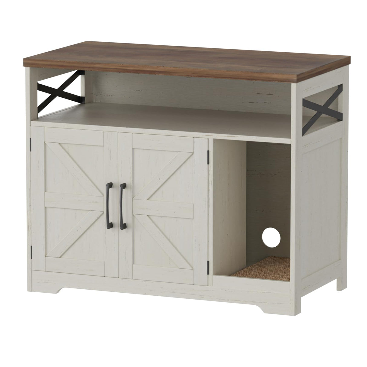 Halitaa Cat Litter Box Enclosure,Hidden Litter Box Furniture Cat Washroom with Cat Scratch Pad,Farmhouse Indoor Cat House End Table,White Halitaa