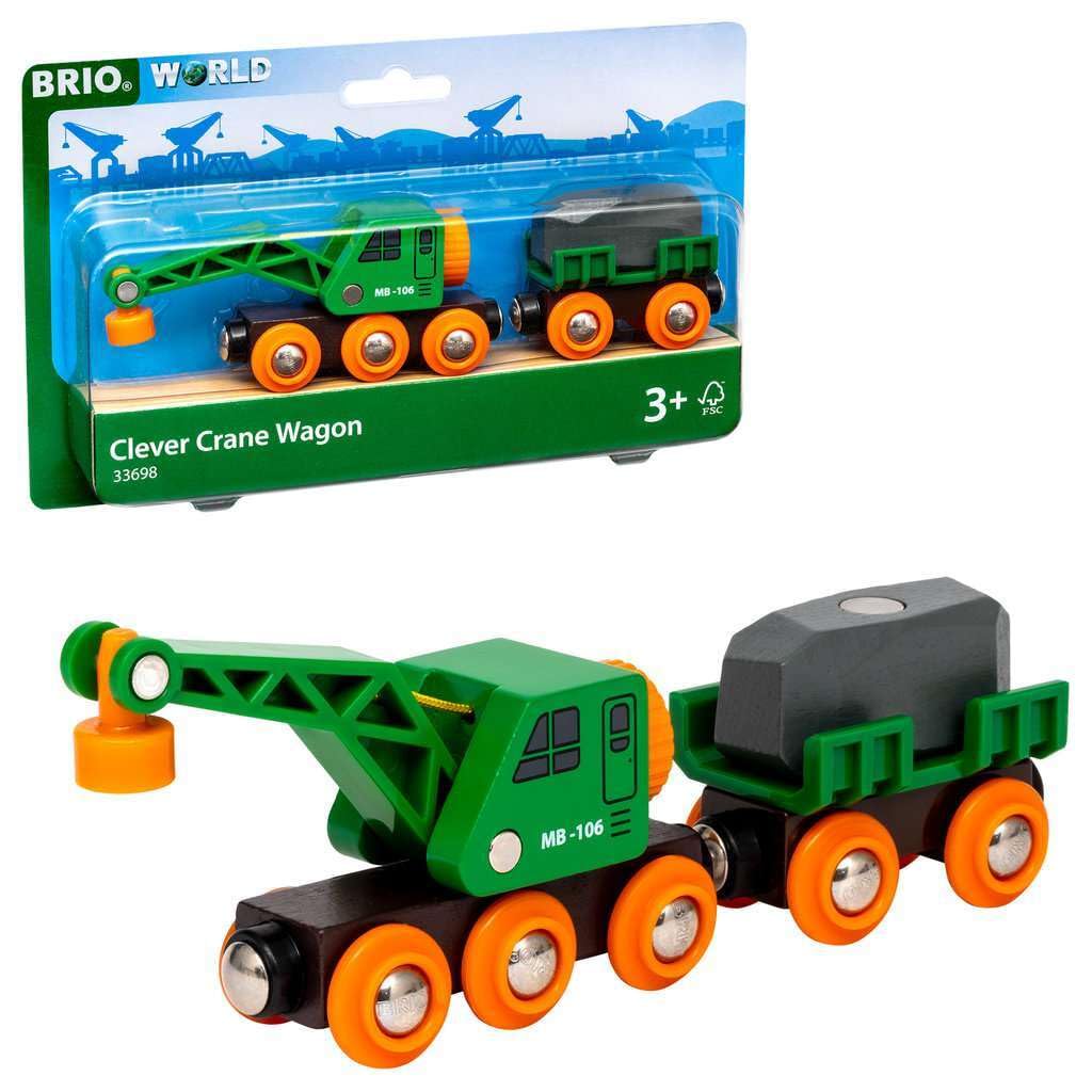BRIO World 33698 - Clever Crane Wagon Set - 4 Piece Wooden Toy Train Accessory and Crane Toy for Kids Ages 3 and Up Red Brio