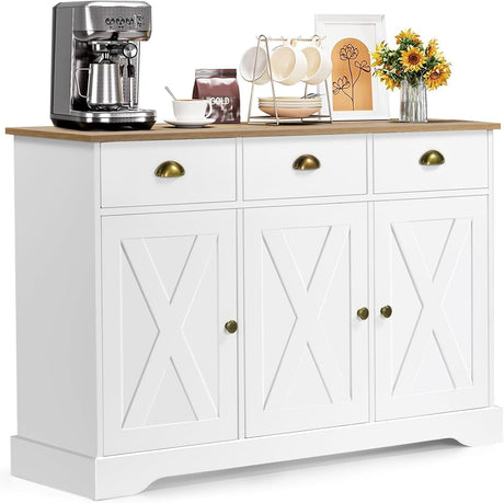 4 EVER WINNER Sideboard Buffet Cabinet with 3 Drawers and Adjustable Shelves, 47" Farmhouse Coffee Bar Cabinet with 3 Barn Doors, Wood Buffet Cabinet with Storage for Kitchen Dinning Room, White 4 EVER WINNER