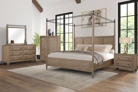 Queen Canopy Bedroom Set With A 2 Drawer Nightstand A Dresser With Poster Mirror And A Door Chest - Sand HouseOfZazla