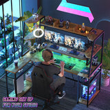63'' Large L Shaped Gaming Desk with LED Lights & Power Strips, Reversible Gaming Table Desk with Hutch, L-shaped PC Gaming Desk with Storage, L Gamer Desk with Monitor Stand & Hook, Rustic Brown armocity
