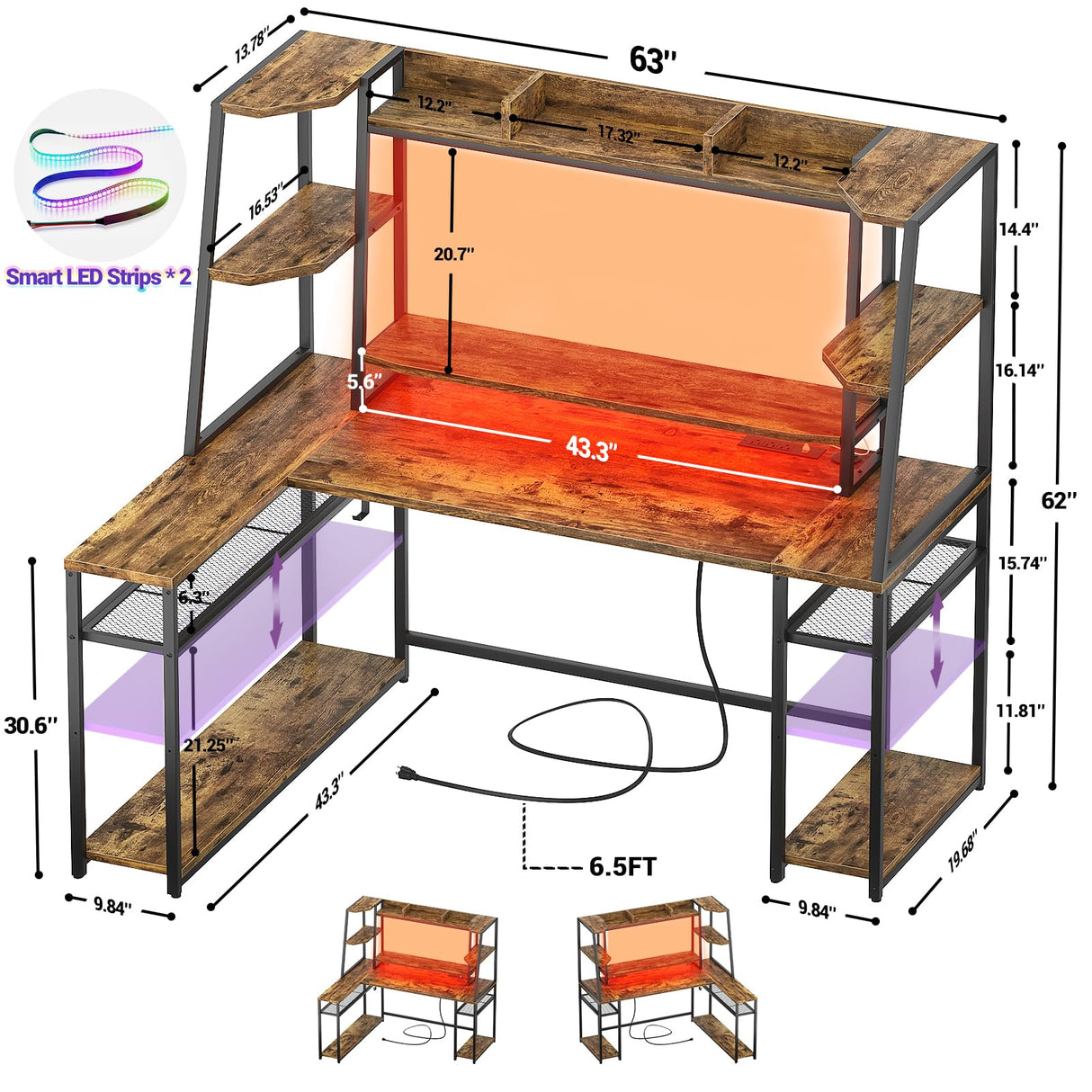 63'' Large L Shaped Gaming Desk with LED Lights & Power Strips, Reversible Gaming Table Desk with Hutch, L-shaped PC Gaming Desk with Storage, L Gamer Desk with Monitor Stand & Hook, Rustic Brown armocity