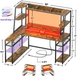 63'' Large L Shaped Gaming Desk with LED Lights & Power Strips, Reversible Gaming Table Desk with Hutch, L-shaped PC Gaming Desk with Storage, L Gamer Desk with Monitor Stand & Hook, Rustic Brown armocity