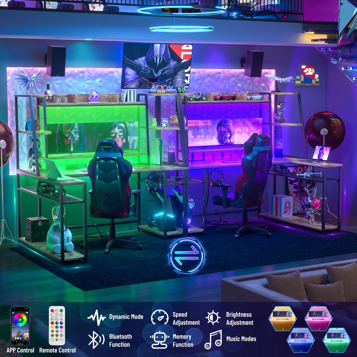 63'' Large L Shaped Gaming Desk with LED Lights & Power Strips, Reversible Gaming Table Desk with Hutch, L-shaped PC Gaming Desk with Storage, L Gamer Desk with Monitor Stand & Hook, Rustic Brown armocity