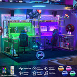 63'' Large L Shaped Gaming Desk with LED Lights & Power Strips, Reversible Gaming Table Desk with Hutch, L-shaped PC Gaming Desk with Storage, L Gamer Desk with Monitor Stand & Hook, Rustic Brown armocity