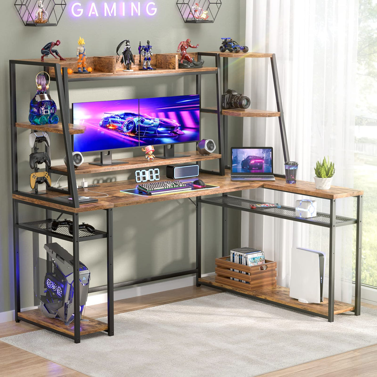 63'' Large L Shaped Gaming Desk with LED Lights & Power Strips, Reversible Gaming Table Desk with Hutch, L-shaped PC Gaming Desk with Storage, L Gamer Desk with Monitor Stand & Hook, Rustic Brown armocity