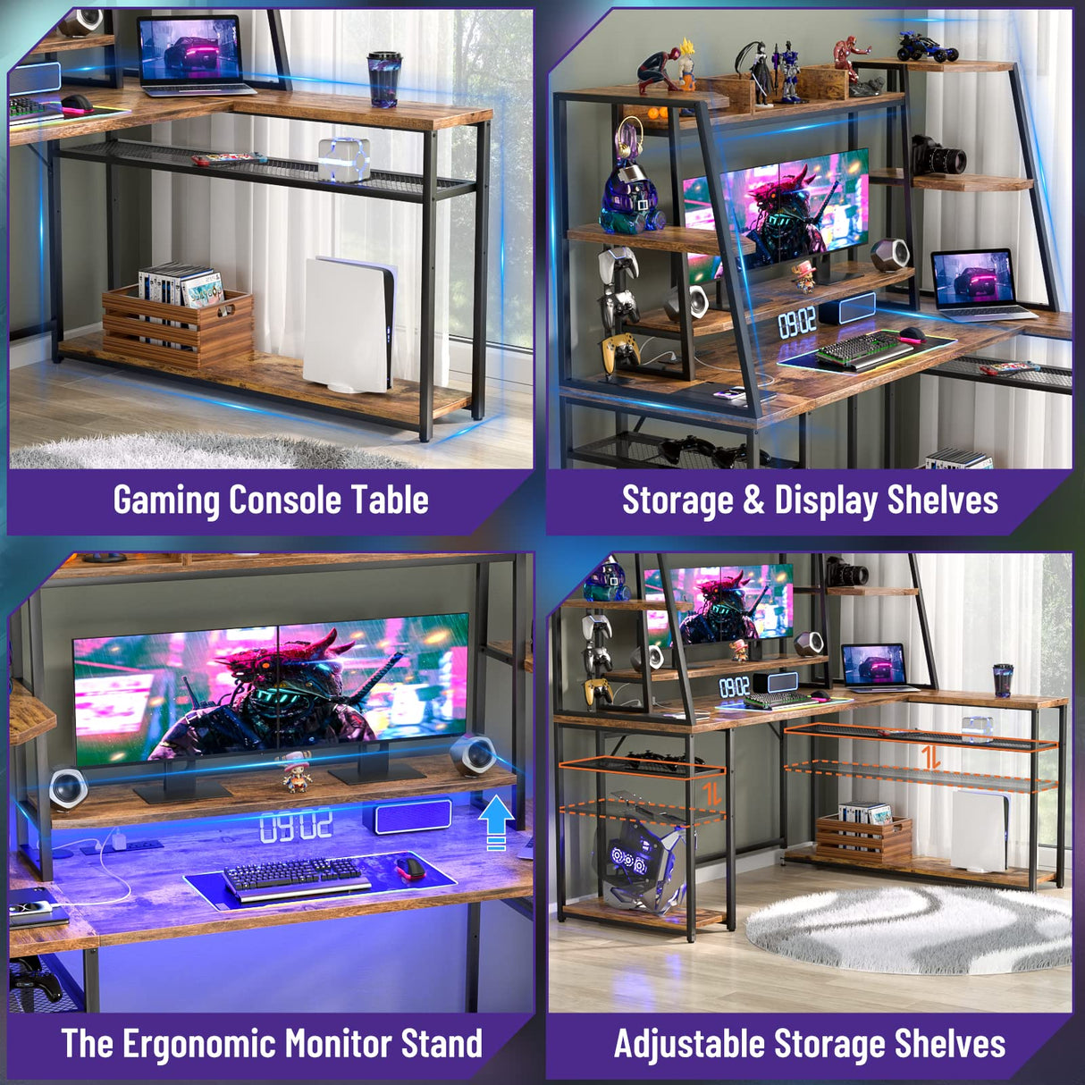 63'' Large L Shaped Gaming Desk with LED Lights & Power Strips, Reversible Gaming Table Desk with Hutch, L-shaped PC Gaming Desk with Storage, L Gamer Desk with Monitor Stand & Hook, Rustic Brown armocity