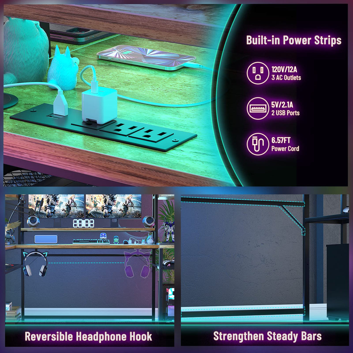 63'' Large L Shaped Gaming Desk with LED Lights & Power Strips, Reversible Gaming Table Desk with Hutch, L-shaped PC Gaming Desk with Storage, L Gamer Desk with Monitor Stand & Hook, Rustic Brown armocity