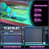 63'' Large L Shaped Gaming Desk with LED Lights & Power Strips, Reversible Gaming Table Desk with Hutch, L-shaped PC Gaming Desk with Storage, L Gamer Desk with Monitor Stand & Hook, Rustic Brown armocity