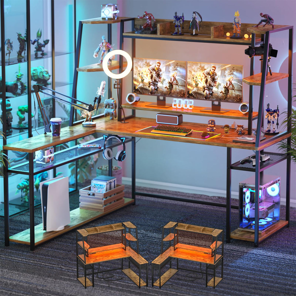 63'' Large L Shaped Gaming Desk with LED Lights & Power Strips, Reversible Gaming Table Desk with Hutch, L-shaped PC Gaming Desk with Storage, L Gamer Desk with Monitor Stand & Hook, Rustic Brown armocity