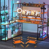 63'' Large L Shaped Gaming Desk with LED Lights & Power Strips, Reversible Gaming Table Desk with Hutch, L-shaped PC Gaming Desk with Storage, L Gamer Desk with Monitor Stand & Hook, Rustic Brown armocity