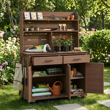 TOPMAX 65"H Large Garden Potting Bench with Storage and Lockable Wheels HouseOfZazla