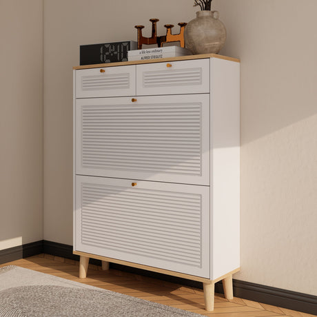 Modern Freestanding Shoe Cabinet With Flip Up Doors And Drawers, Compact Design For Entryway - White Natural HouseOfZazla