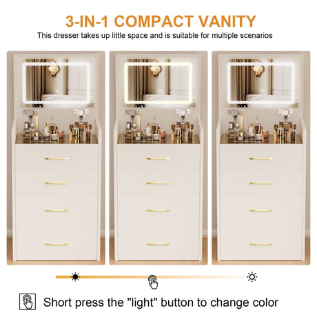 Compact 3 In 1 Vanity Desk With Open Top Mirror, Glass Desktop, 5 Height - White HouseOfZazla