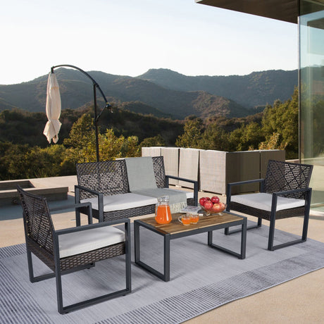 4 Piece Patio Furniture Set With Acacia Wood Table Top And Cushions HouseOfZazla