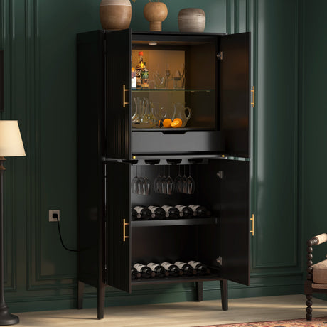 U_STYLE Modern Fluted Wine Cabinet with Glass Display & Stemware Rack HouseOfZazla