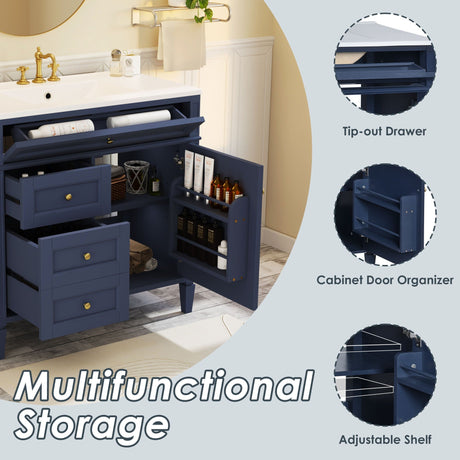 Bathroom Vanity With Top Sink, Modern Bathroom Storage Cabinet, 2 Drawers And A Tip-Out Drawer, Single Sink Bathroom Vanity - Blue HouseOfZazla