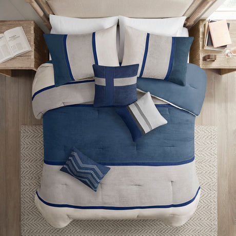 7 Piece Faux Suede Comforter Set Blue Queen HouseOfZazla