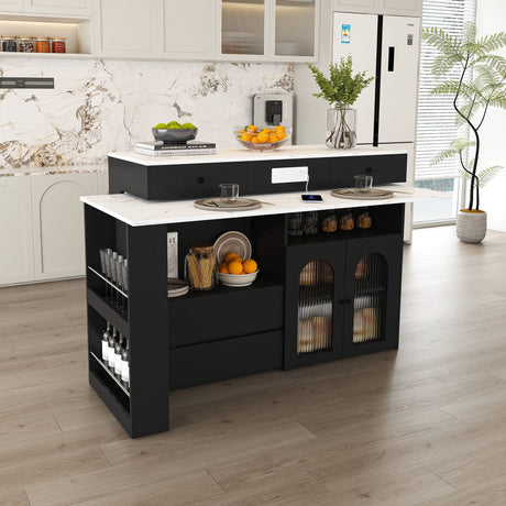 Kitchen Island With Extendable Rotating Table, 4 Drawers & Glass Door Cabinets, Built In Socket - Black HouseOfZazla