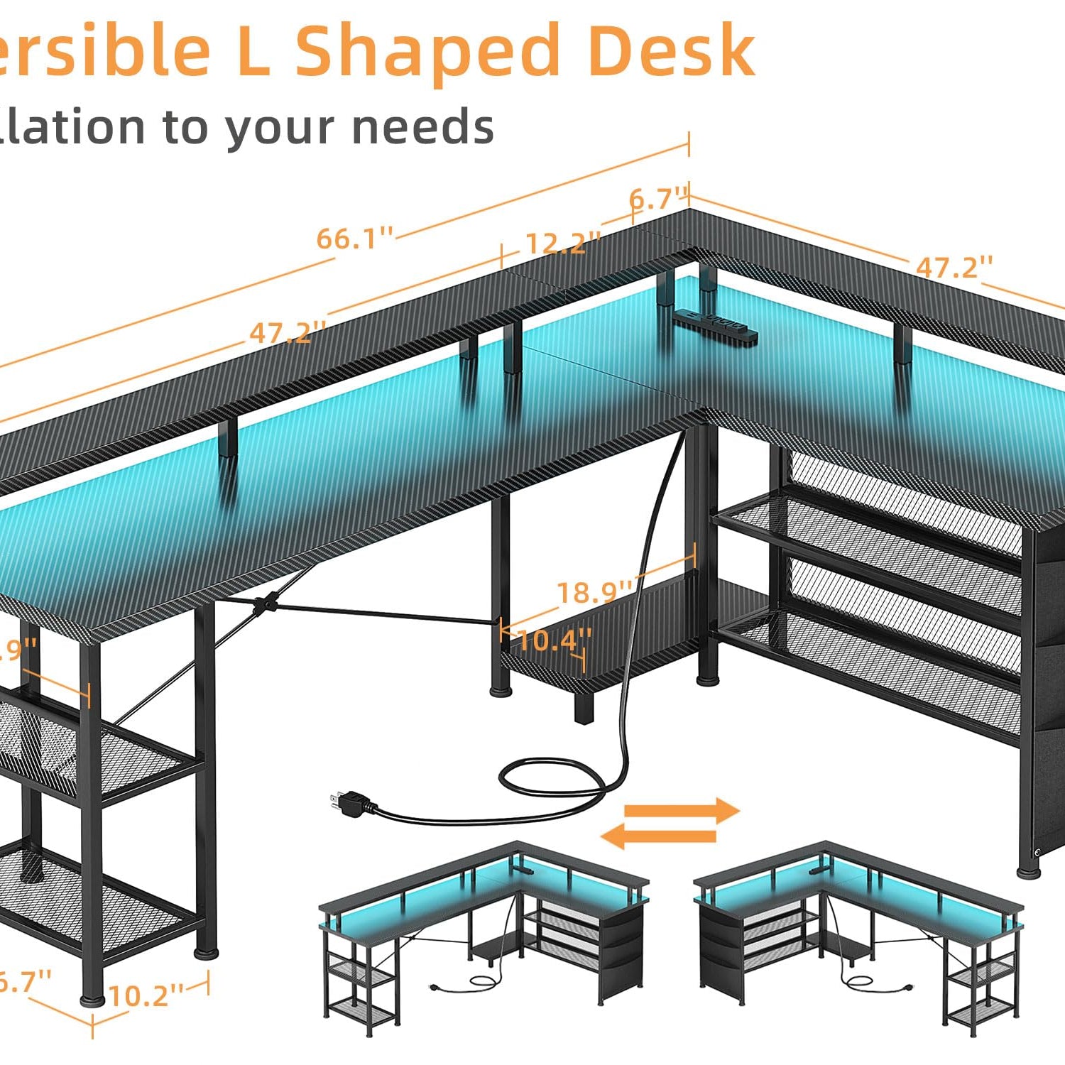 66" L Shaped Gaming Desk with Power Outlet and LED Lights, Reversible L Shaped Desk with Monitor Stand, Home Office Desk with Storage Shelves and Bag, Corner Desk with USB Port, Black Carbon Fiber Flrrtenv