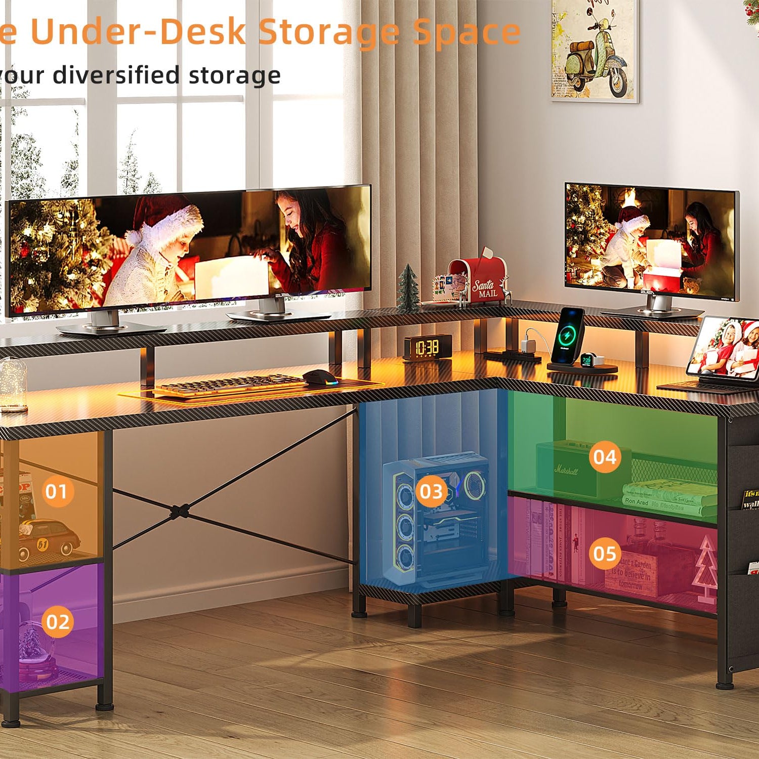 66" L Shaped Gaming Desk with Power Outlet and LED Lights, Reversible L Shaped Desk with Monitor Stand, Home Office Desk with Storage Shelves and Bag, Corner Desk with USB Port, Black Carbon Fiber Flrrtenv