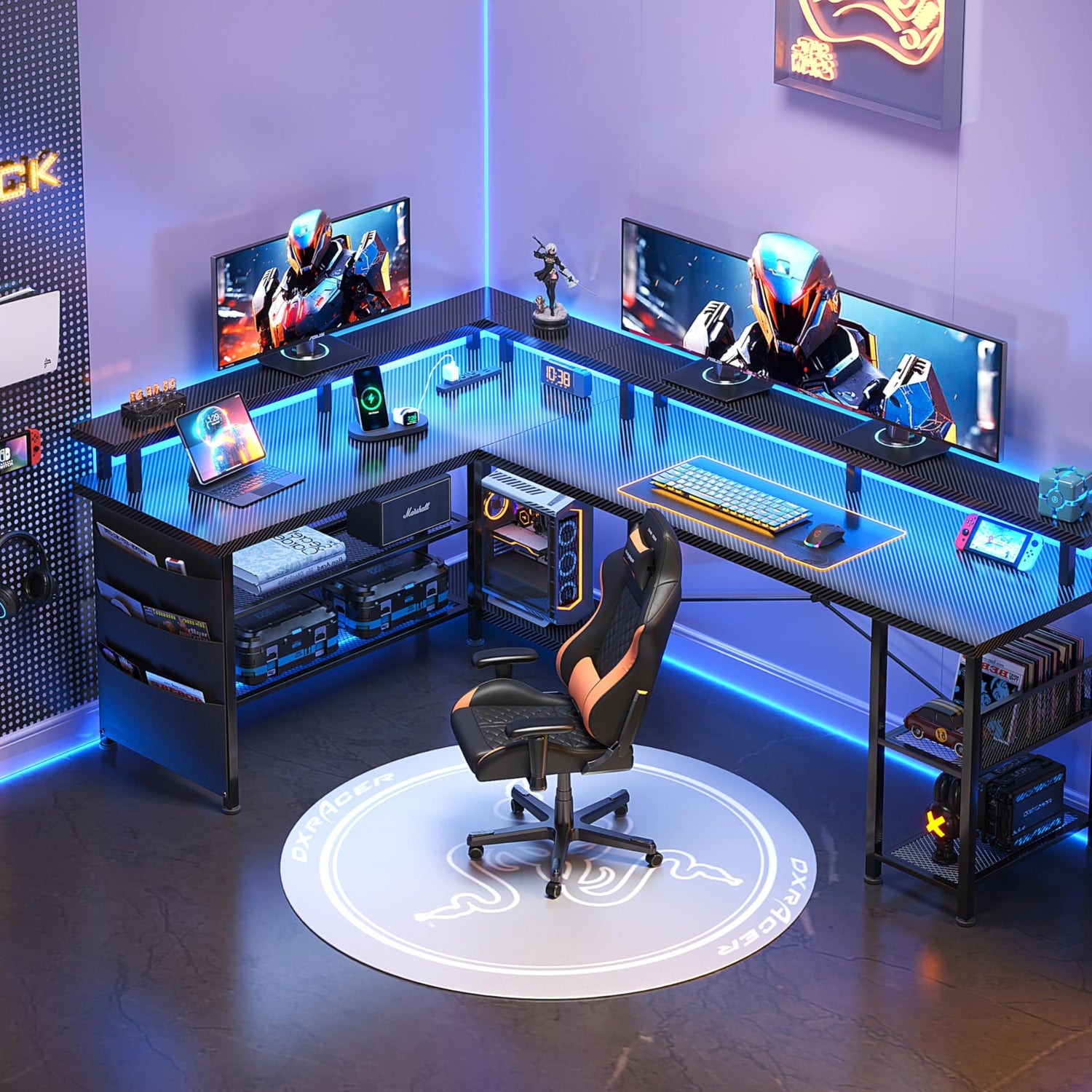 66" L Shaped Gaming Desk with Power Outlet and LED Lights, Reversible L Shaped Desk with Monitor Stand, Home Office Desk with Storage Shelves and Bag, Corner Desk with USB Port, Black Carbon Fiber Flrrtenv