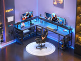 66" L Shaped Gaming Desk with Power Outlet and LED Lights, Reversible L Shaped Desk with Monitor Stand, Home Office Desk with Storage Shelves and Bag, Corner Desk with USB Port, Black Carbon Fiber Flrrtenv