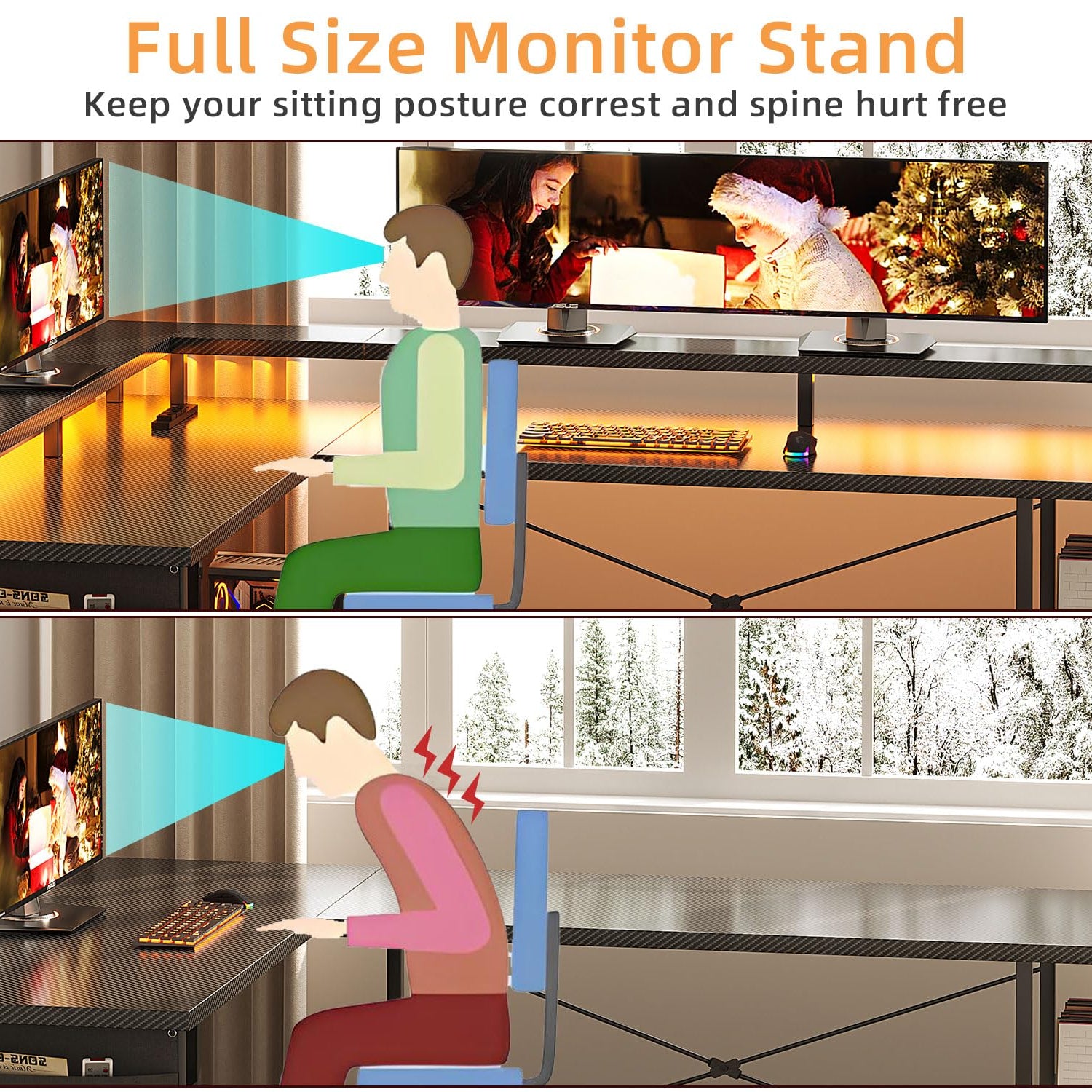 66" L Shaped Gaming Desk with Power Outlet and LED Lights, Reversible L Shaped Desk with Monitor Stand, Home Office Desk with Storage Shelves and Bag, Corner Desk with USB Port, Black Carbon Fiber Flrrtenv