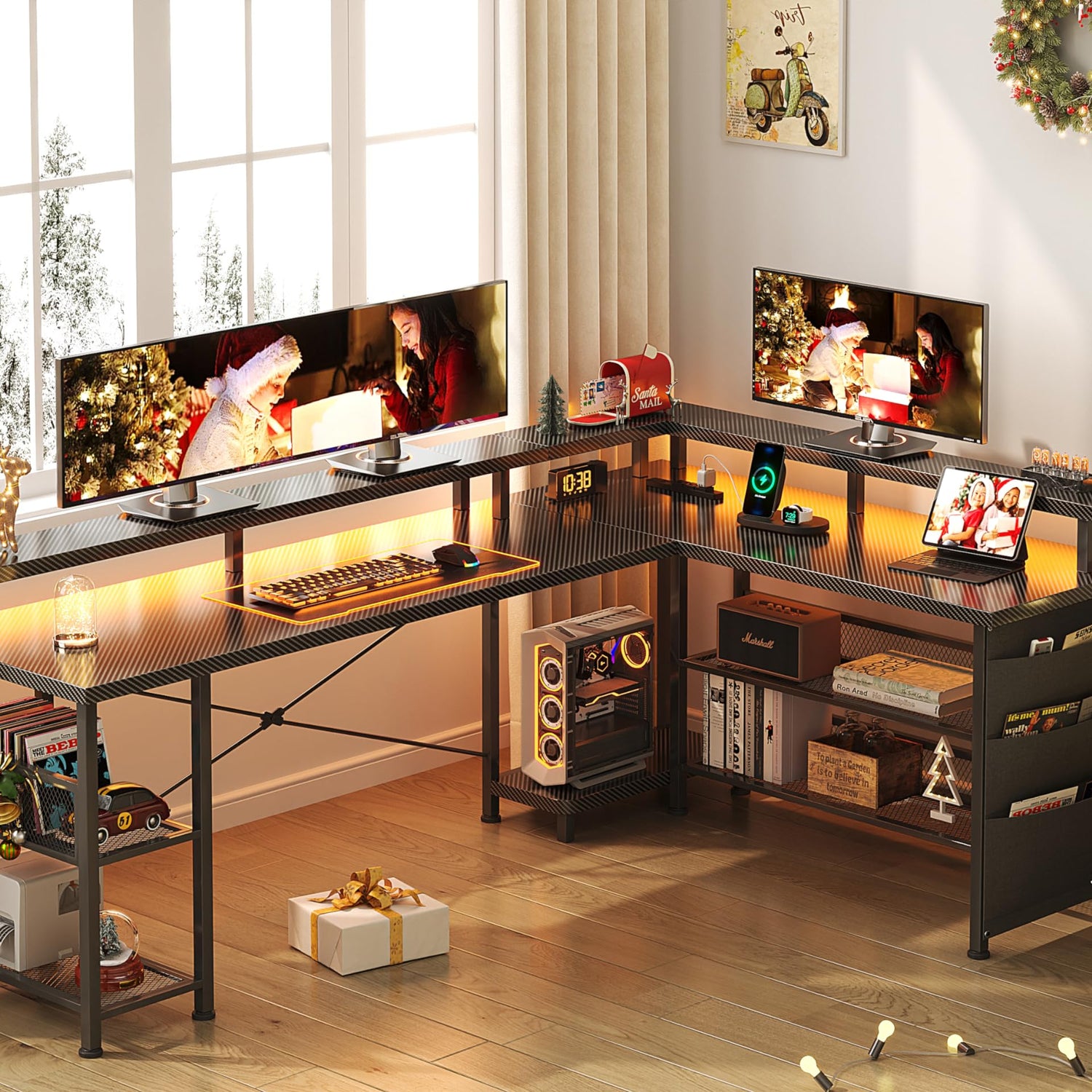 66" L Shaped Gaming Desk with Power Outlet and LED Lights, Reversible L Shaped Desk with Monitor Stand, Home Office Desk with Storage Shelves and Bag, Corner Desk with USB Port, Black Carbon Fiber Flrrtenv