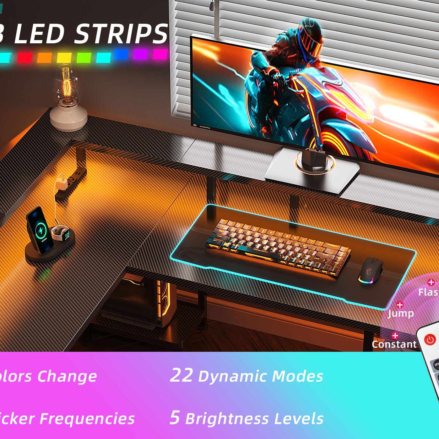 66" L Shaped Gaming Desk with Power Outlet and LED Lights, Reversible L Shaped Desk with Monitor Stand, Home Office Desk with Storage Shelves and Bag, Corner Desk with USB Port, Black Carbon Fiber Flrrtenv