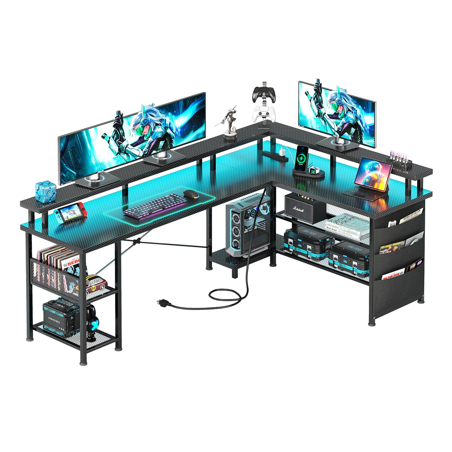 66" L Shaped Gaming Desk with Power Outlet and LED Lights, Reversible L Shaped Desk with Monitor Stand, Home Office Desk with Storage Shelves and Bag, Corner Desk with USB Port, Black Carbon Fiber Flrrtenv