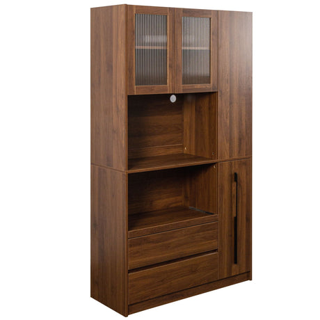Tall Kitchen Pantry Cabinet With 4 Tier Side Shelf, 2 Drawers, Freestanding Food Hutch With Microwave Stand For Dining Room - Walnut HouseOfZazla