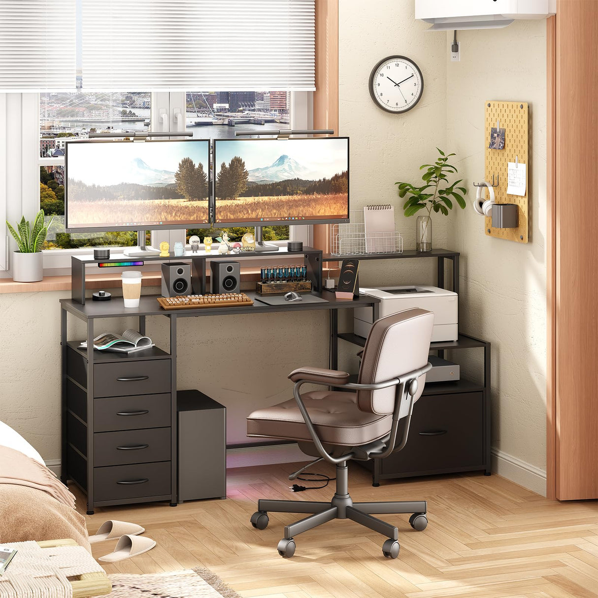 67" Computer Desk with Drawers and File Cabinet for Storage, Home Office Desk with Power Outlet and LED Lights, Gaming Desk with Printer Cabinet and Monitor Stand, Study Writing Work Desk, Black DOINUO