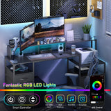 67" Computer Desk with Drawers and File Cabinet for Storage, Home Office Desk with Power Outlet and LED Lights, Gaming Desk with Printer Cabinet and Monitor Stand, Study Writing Work Desk, Black DOINUO