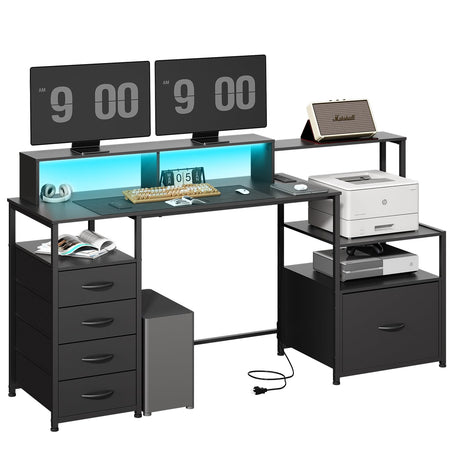 67" Computer Desk with Drawers and File Cabinet for Storage, Home Office Desk with Power Outlet and LED Lights, Gaming Desk with Printer Cabinet and Monitor Stand, Study Writing Work Desk, Black DOINUO