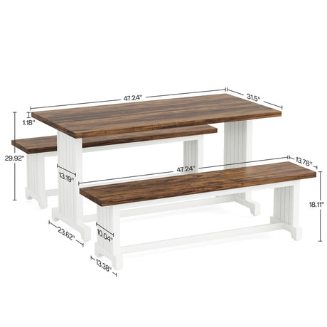 3 Piece Dining Table Set For 2 - 4, With Space Saving Benches - Brown / White HouseOfZazla