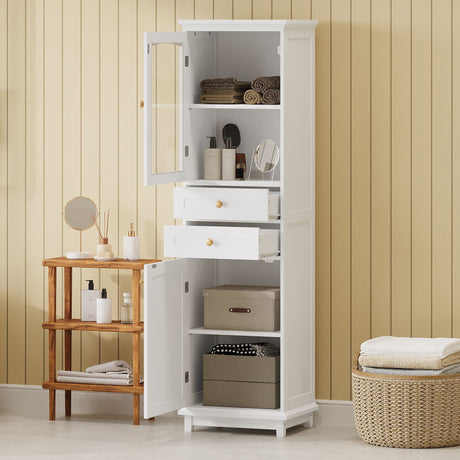 Tall Bathroom Storage Cabinet With Glass Doors, Free-Standing, Two Drawers, And Adjustable Shelves, Board, Painted Perfect For Displaying Your Favorite Items HouseOfZazla