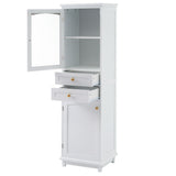 Tall Bathroom Storage Cabinet With Glass Doors, Free-Standing, Two Drawers, And Adjustable Shelves, Board, Painted Perfect For Displaying Your Favorite Items