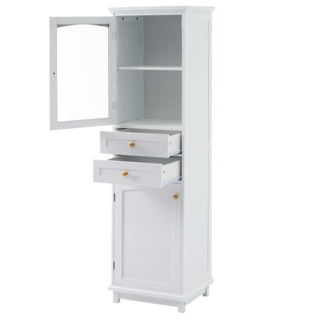 Tall Bathroom Storage Cabinet With Glass Doors, Free-Standing, Two Drawers, And Adjustable Shelves, Board, Painted Perfect For Displaying Your Favorite Items HouseOfZazla