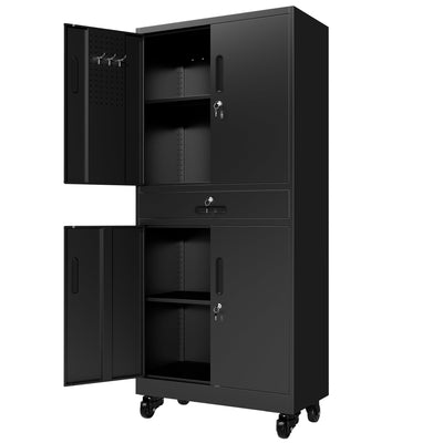 Metal Storage Cabinet with Drawer, Locking Doors, and Rolling Wheels