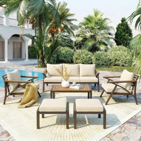 6-Piece Outdoor Patio Furniture Set with Steel Frame Sofa & Acacia Wood Table HouseOfZazla
