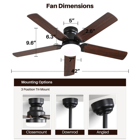 Low Profile Ceiling Fan With Reversible DC Motor, Remote Control, LED Light - Black HouseOfZazla