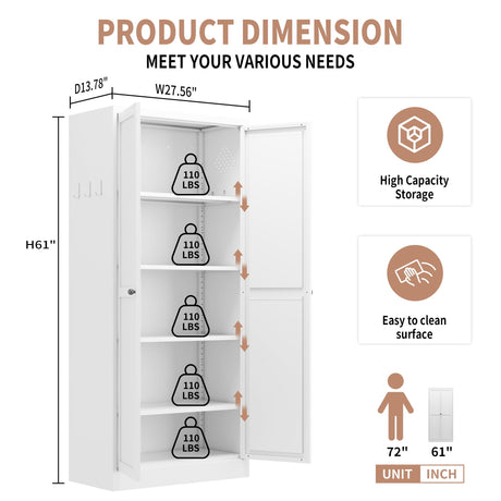 Metal Kitchen Pantry Cabinet With Adjustable Storage And 4 Heavy Duty Shelves - White HouseOfZazla